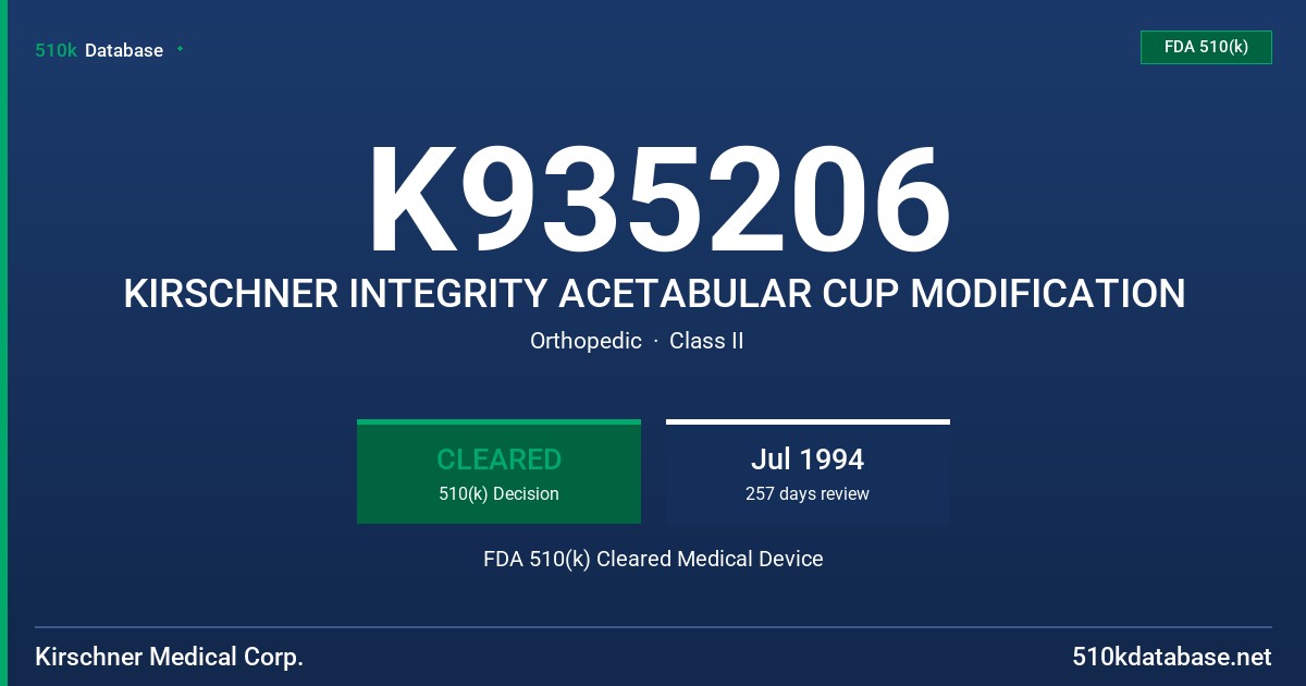 K935206 KIRSCHNER INTEGRITY ACETABULAR CUP MODIFICATION FDA 510(k) Cleared Medical Device