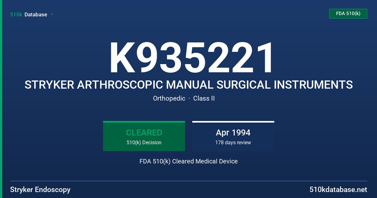 K935221 STRYKER ARTHROSCOPIC MANUAL SURGICAL INSTRUMENTS FDA 510(k) Cleared Medical Device