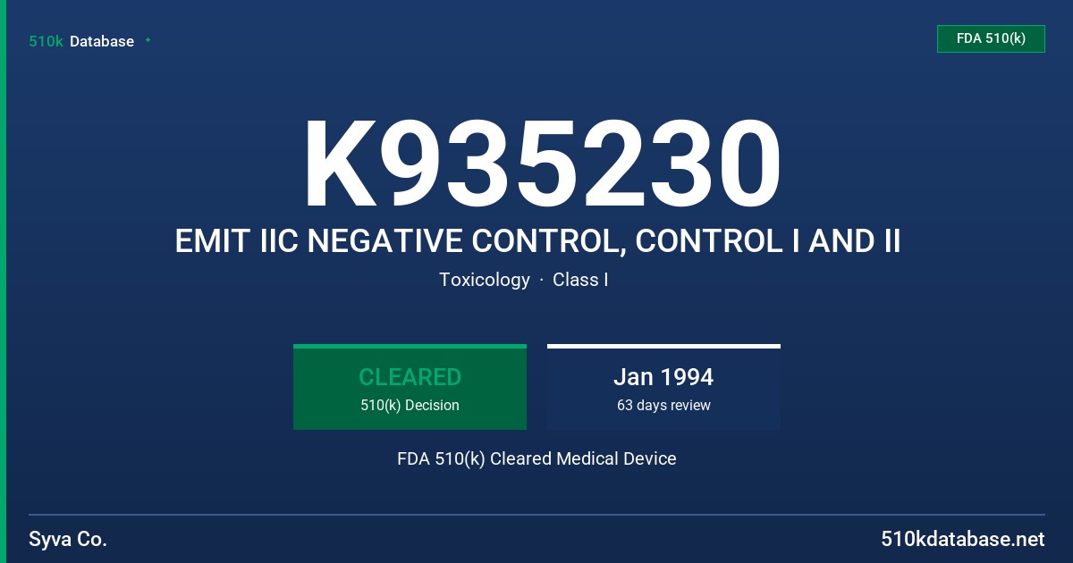 K935230 EMIT IIC NEGATIVE CONTROL, CONTROL I AND II FDA 510(k) Cleared Medical Device