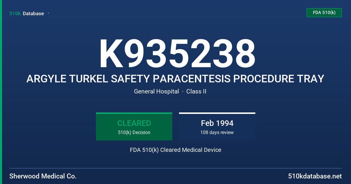 K935238 ARGYLE TURKEL SAFETY PARACENTESIS PROCEDURE TRAY FDA 510(k) Cleared Medical Device