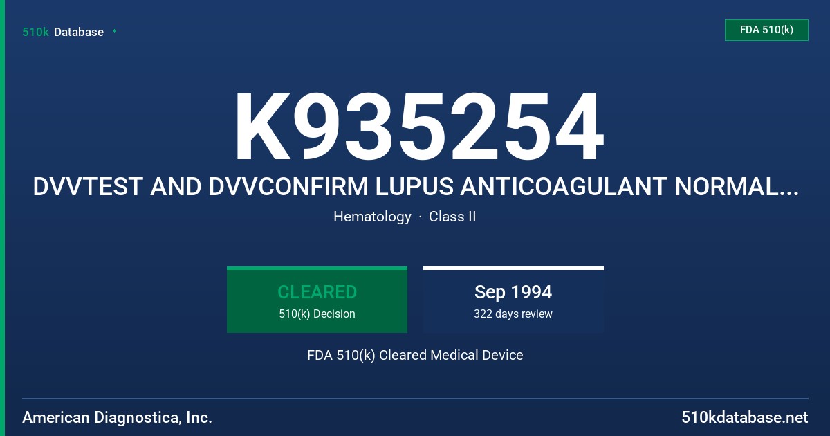 K935254 DVVTEST AND DVVCONFIRM LUPUS ANTICOAGULANT NORMAL AND ABNORMAL CONTROL PLASMA FDA 510(k) Cleared Medical Device