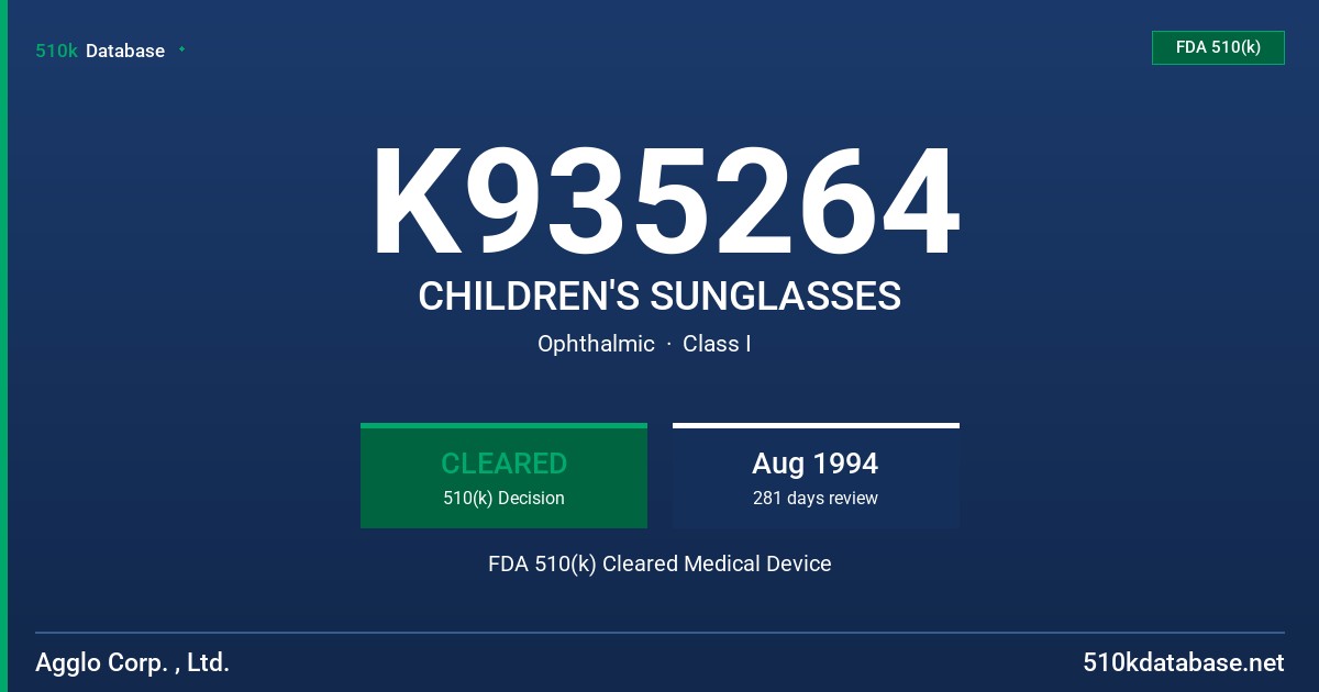 K935264 CHILDREN'S SUNGLASSES FDA 510(k) Cleared Medical Device