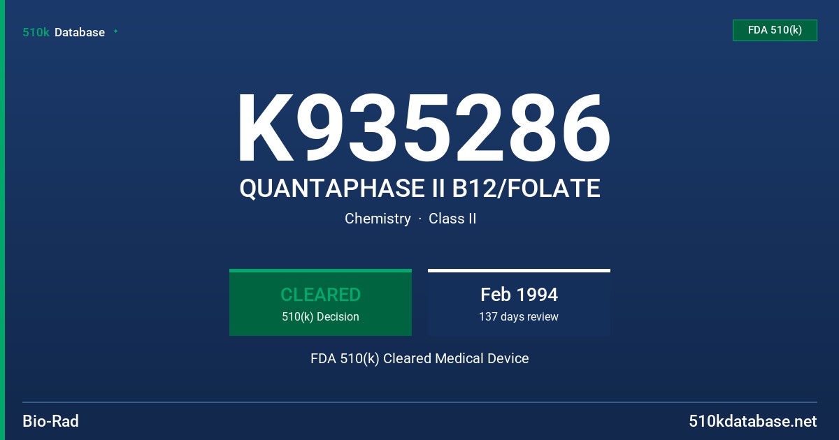 K935286 QUANTAPHASE II B12/FOLATE FDA 510(k) Cleared Medical Device