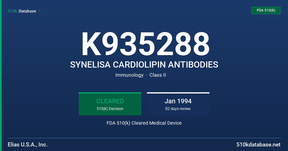 K935288 SYNELISA CARDIOLIPIN ANTIBODIES FDA 510(k) Cleared Medical Device