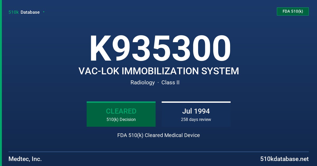 K935300 VAC-LOK IMMOBILIZATION SYSTEM FDA 510(k) Cleared Medical Device