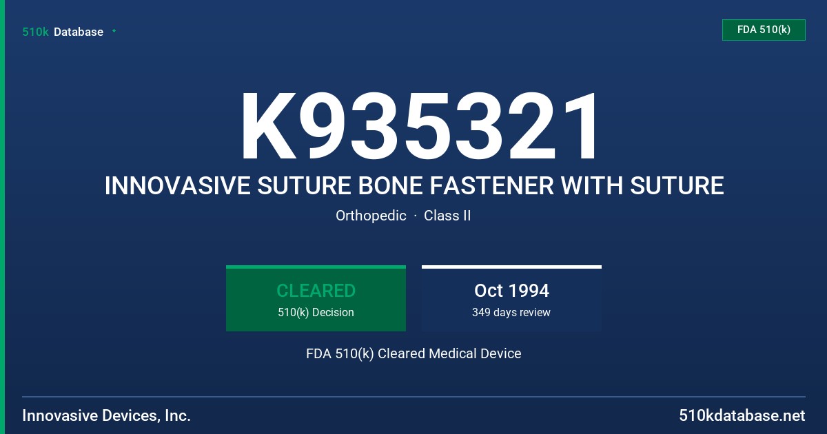 K935321 INNOVASIVE SUTURE BONE FASTENER WITH SUTURE FDA 510(k) Cleared Medical Device