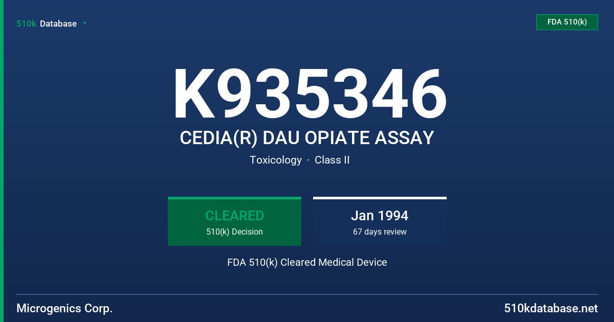 K935346 CEDIA(R) DAU OPIATE ASSAY FDA 510(k) Cleared Medical Device