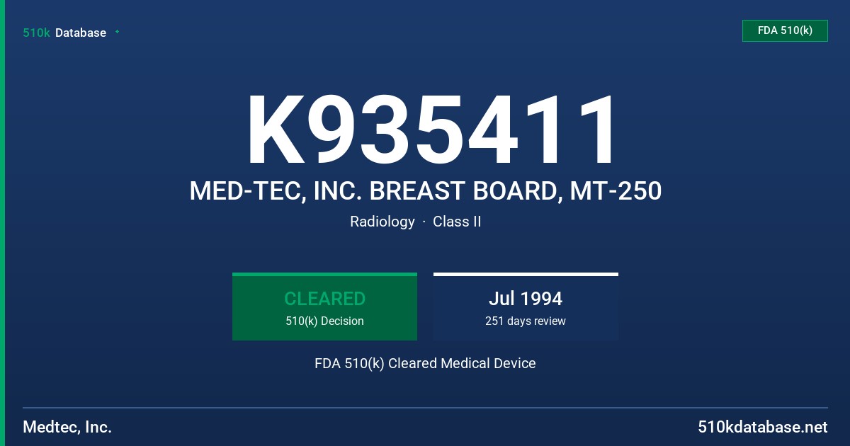 K935411 MED-TEC, INC. BREAST BOARD, MT-250 FDA 510(k) Cleared Medical Device