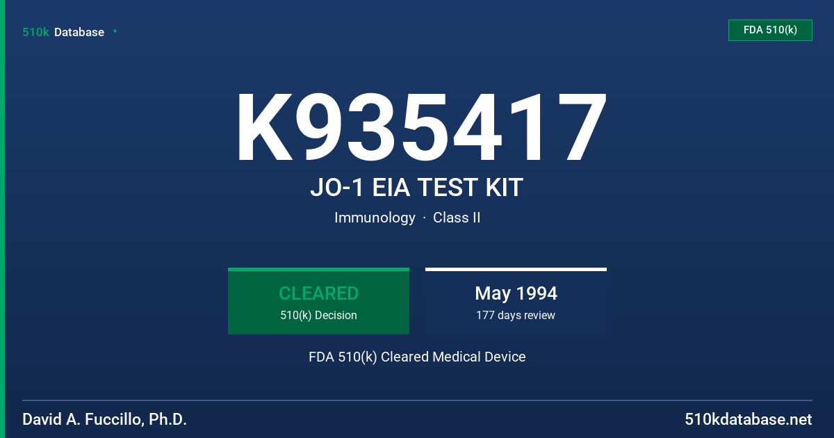 K935417 JO-1 EIA TEST KIT FDA 510(k) Cleared Medical Device