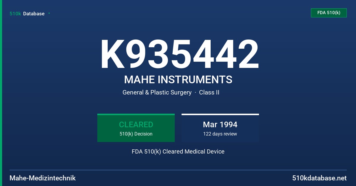 K935442 MAHE INSTRUMENTS FDA 510(k) Cleared Medical Device