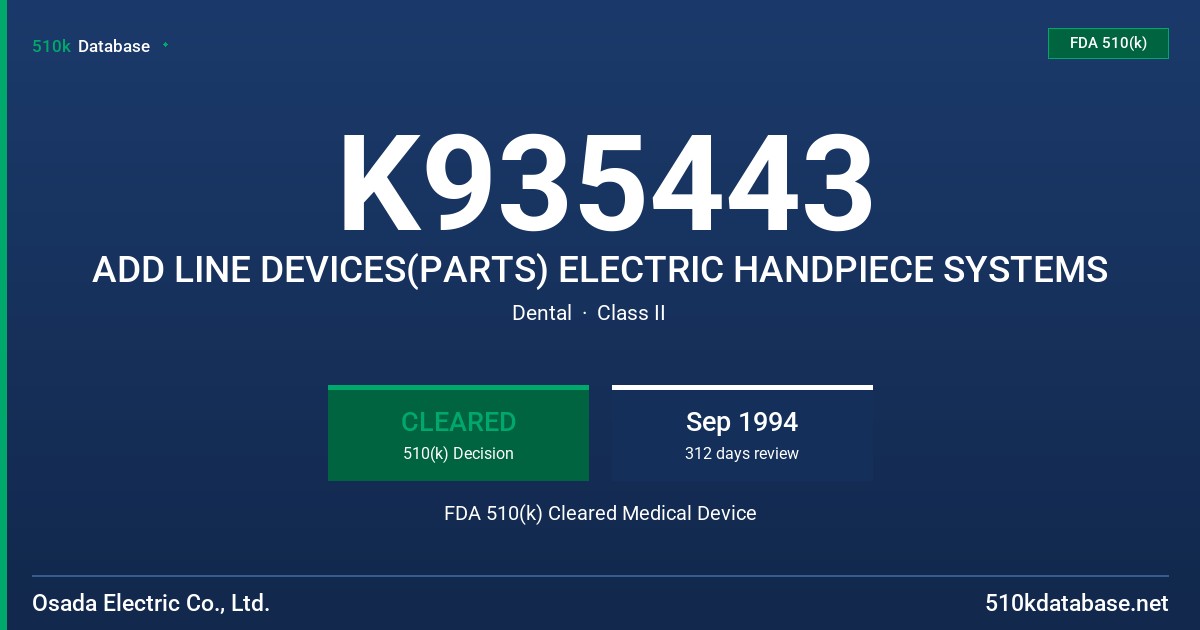 K935443 ADD LINE DEVICES(PARTS) ELECTRIC HANDPIECE SYSTEMS FDA 510(k) Cleared Medical Device