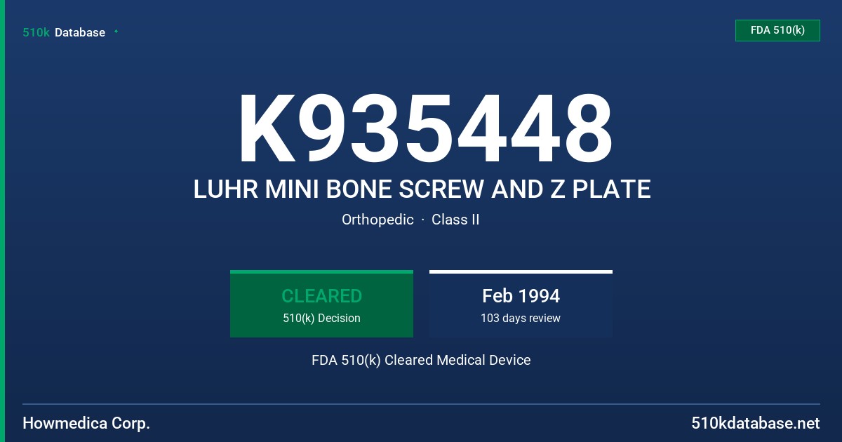 K935448 LUHR MINI BONE SCREW AND Z PLATE FDA 510(k) Cleared Medical Device