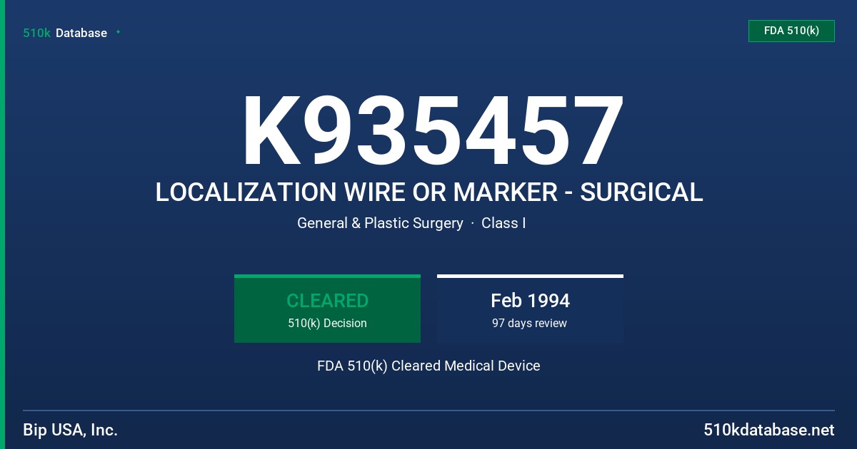 K935457 LOCALIZATION WIRE OR MARKER - SURGICAL FDA 510(k) Cleared Medical Device