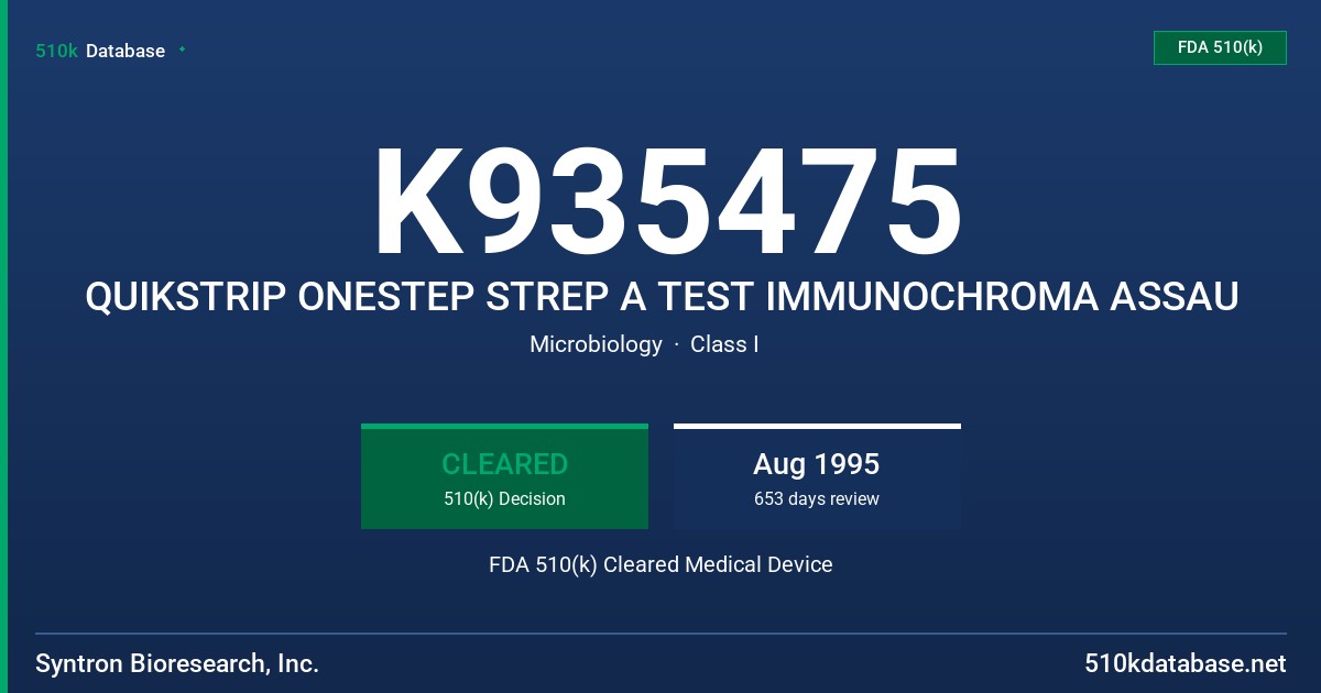 K935475 QUIKSTRIP ONESTEP STREP A TEST IMMUNOCHROMA ASSAU FDA 510(k) Cleared Medical Device