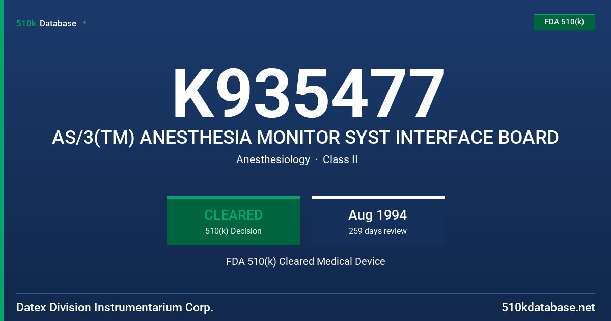 K935477 AS/3(TM) ANESTHESIA MONITOR SYST INTERFACE BOARD FDA 510(k) Cleared Medical Device