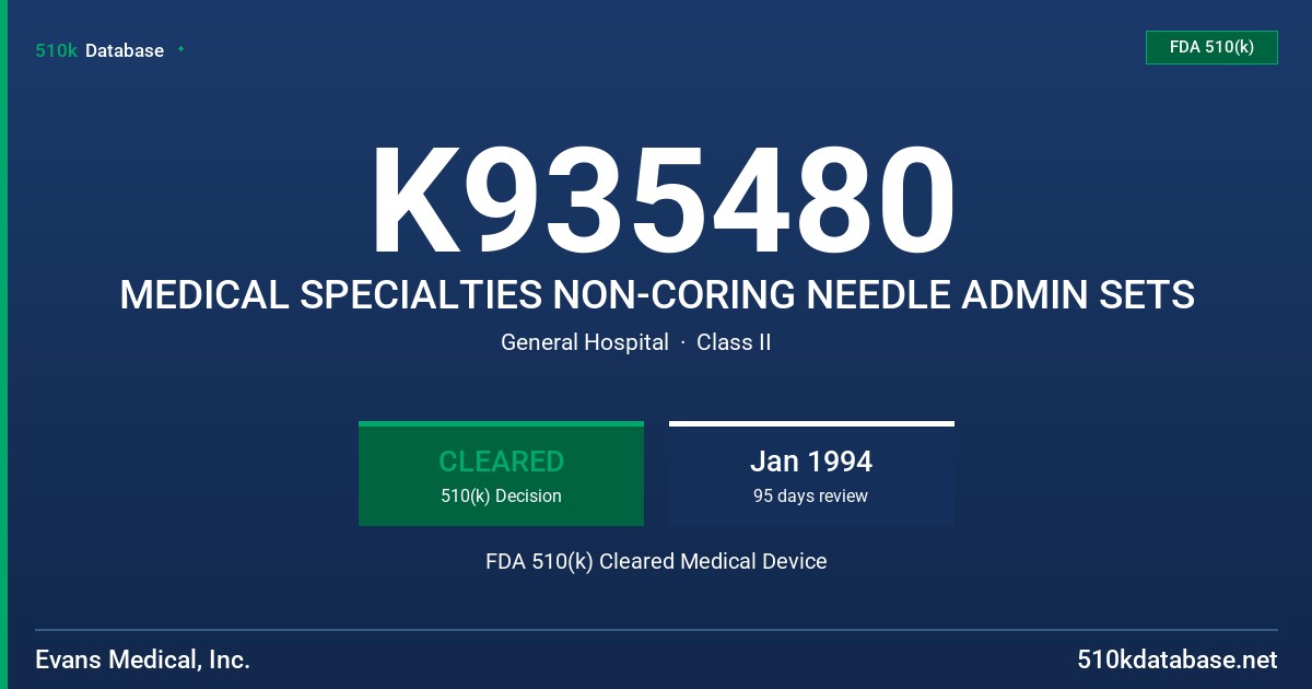 K935480 MEDICAL SPECIALTIES NON-CORING NEEDLE ADMIN SETS FDA 510(k) Cleared Medical Device