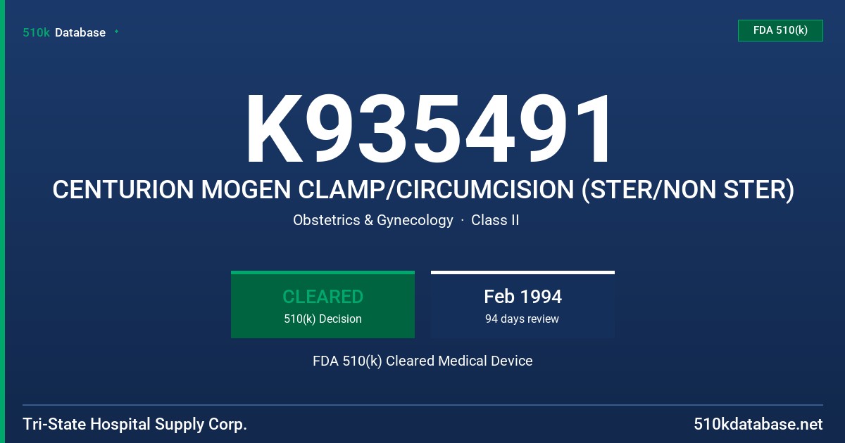 K935491 CENTURION MOGEN CLAMP/CIRCUMCISION (STER/NON STER) FDA 510(k) Cleared Medical Device