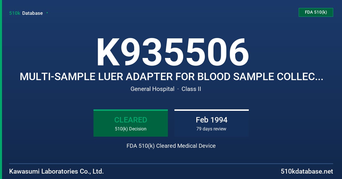 K935506 MULTI-SAMPLE LUER ADAPTER FOR BLOOD SAMPLE COLLECTION FDA 510(k) Cleared Medical Device