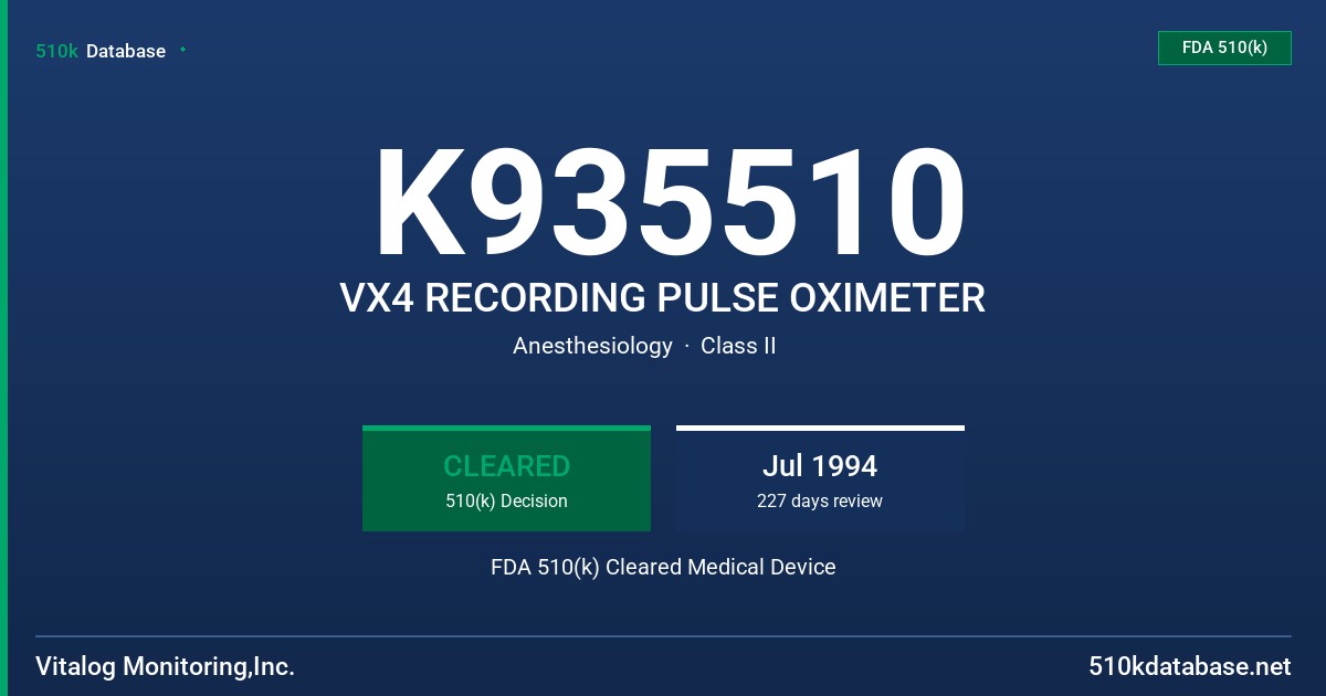 K935510 VX4 RECORDING PULSE OXIMETER FDA 510(k) Cleared Medical Device