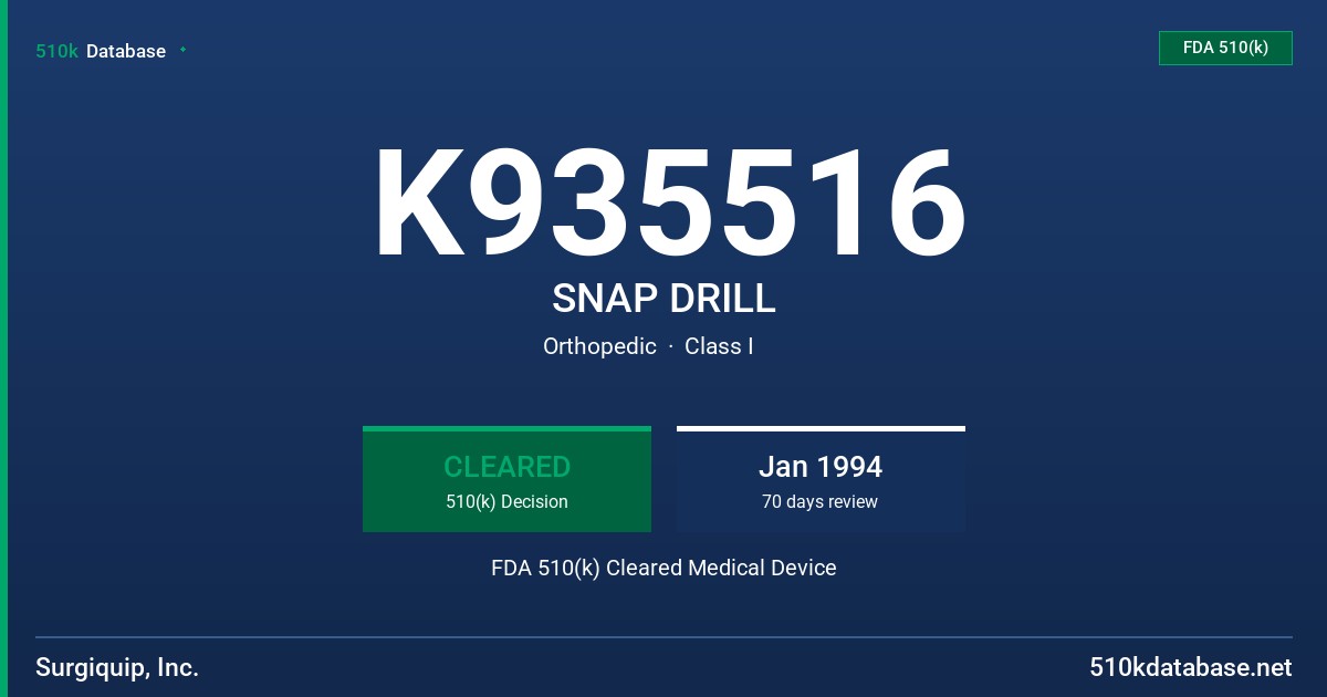 K935516 SNAP DRILL FDA 510(k) Cleared Medical Device