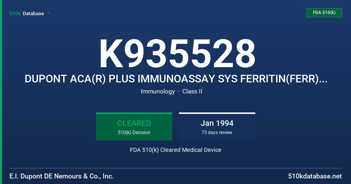 K935528 DUPONT ACA(R) PLUS IMMUNOASSAY SYS FERRITIN(FERR) METH FDA 510(k) Cleared Medical Device