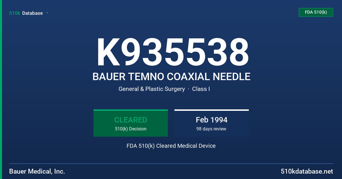 K935538 BAUER TEMNO COAXIAL NEEDLE FDA 510(k) Cleared Medical Device