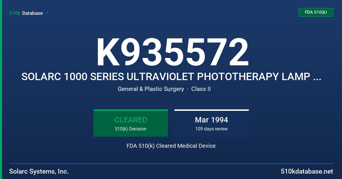 K935572 SOLARC 1000 SERIES ULTRAVIOLET PHOTOTHERAPY LAMP UNIT FDA 510(k) Cleared Medical Device