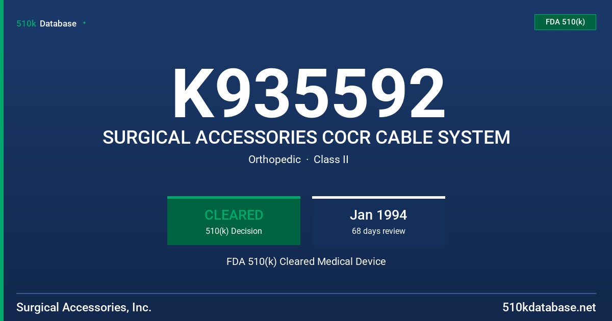 K935592 SURGICAL ACCESSORIES COCR CABLE SYSTEM FDA 510(k) Cleared Medical Device