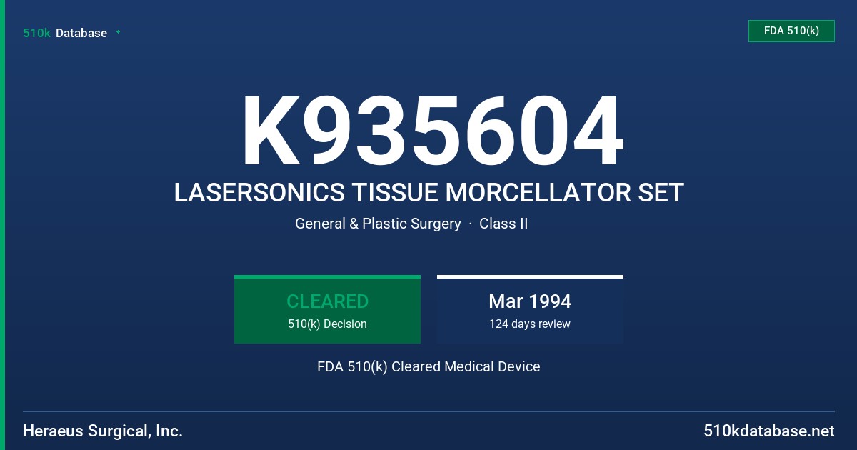 K935604 LASERSONICS TISSUE MORCELLATOR SET FDA 510(k) Cleared Medical Device