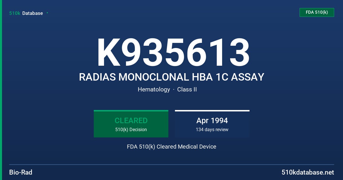 K935613 RADIAS MONOCLONAL HBA 1C ASSAY FDA 510(k) Cleared Medical Device