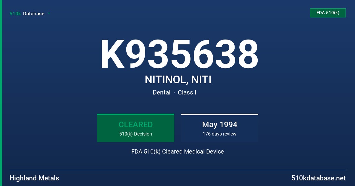 K935638 NITINOL, NITI FDA 510(k) Cleared Medical Device