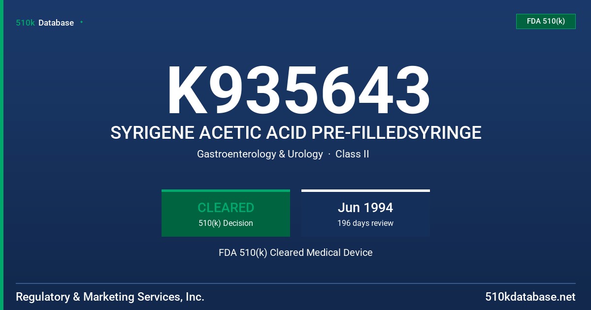 K935643 SYRIGENE ACETIC ACID PRE-FILLEDSYRINGE FDA 510(k) Cleared Medical Device