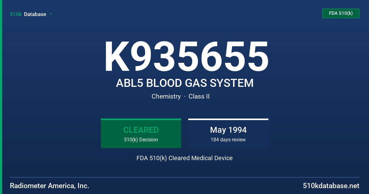 K935655 ABL5 BLOOD GAS SYSTEM FDA 510(k) Cleared Medical Device