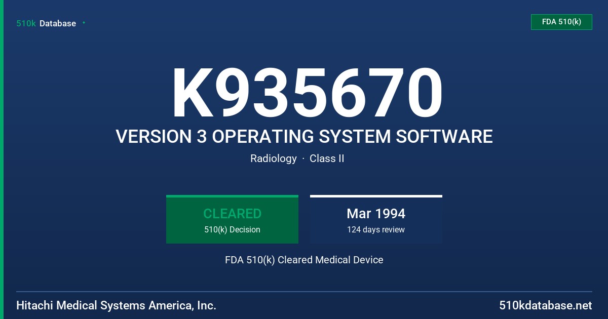 K935670 VERSION 3 OPERATING SYSTEM SOFTWARE FDA 510(k) Cleared Medical Device