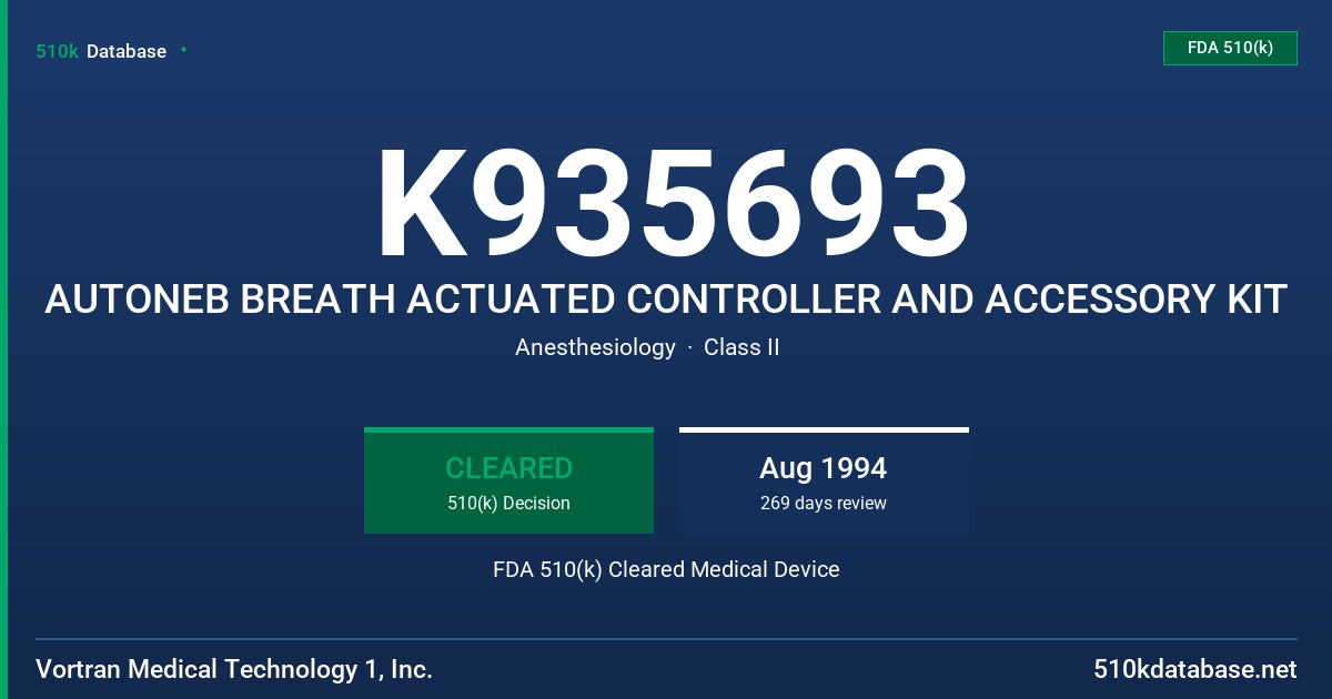 K935693 AUTONEB BREATH ACTUATED CONTROLLER AND ACCESSORY KIT FDA 510(k) Cleared Medical Device