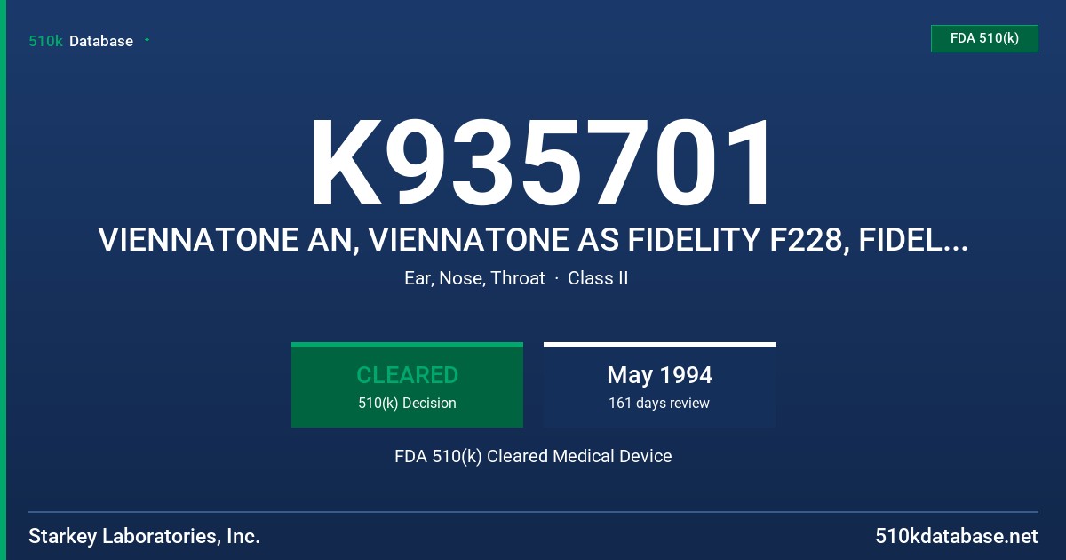 K935701 VIENNATONE AN, VIENNATONE AS FIDELITY F228, FIDELITY F229 FDA 510(k) Cleared Medical Device
