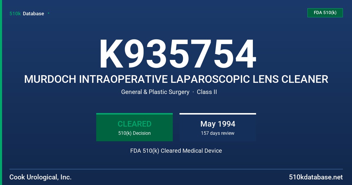 K935754 MURDOCH INTRAOPERATIVE LAPAROSCOPIC LENS CLEANER FDA 510(k) Cleared Medical Device