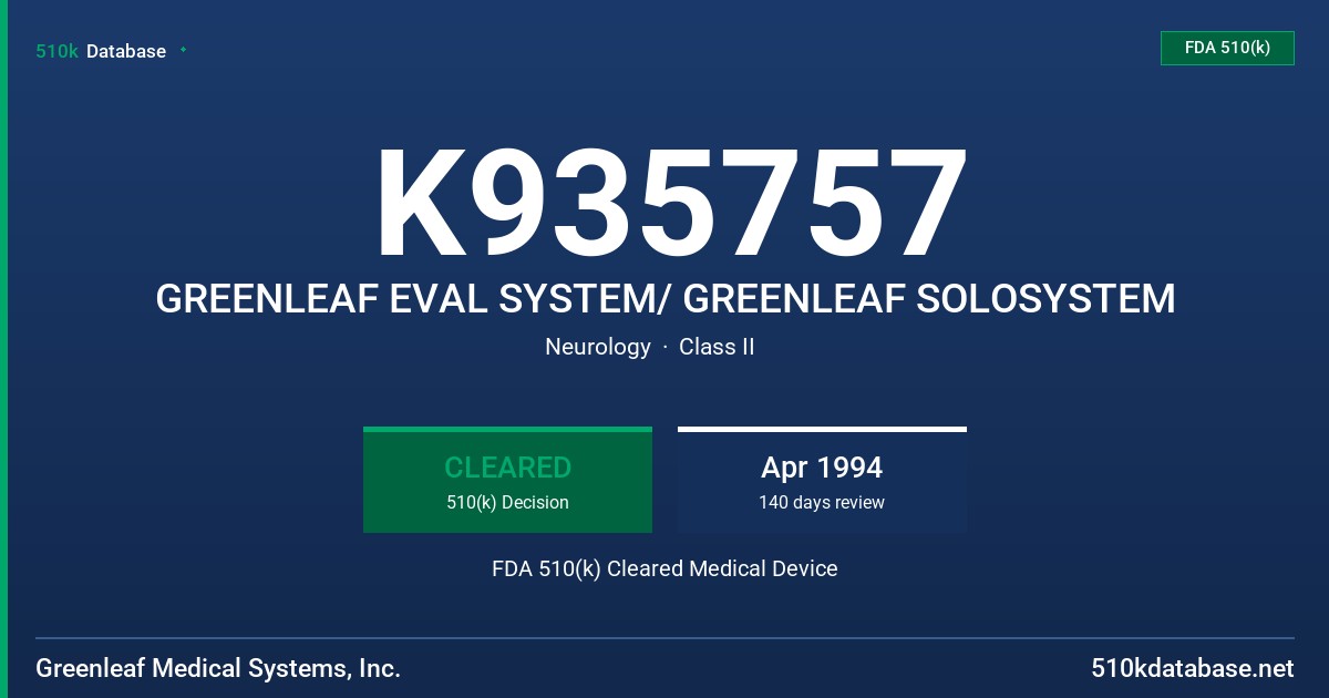 K935757 GREENLEAF EVAL SYSTEM/ GREENLEAF SOLOSYSTEM FDA 510(k) Cleared Medical Device