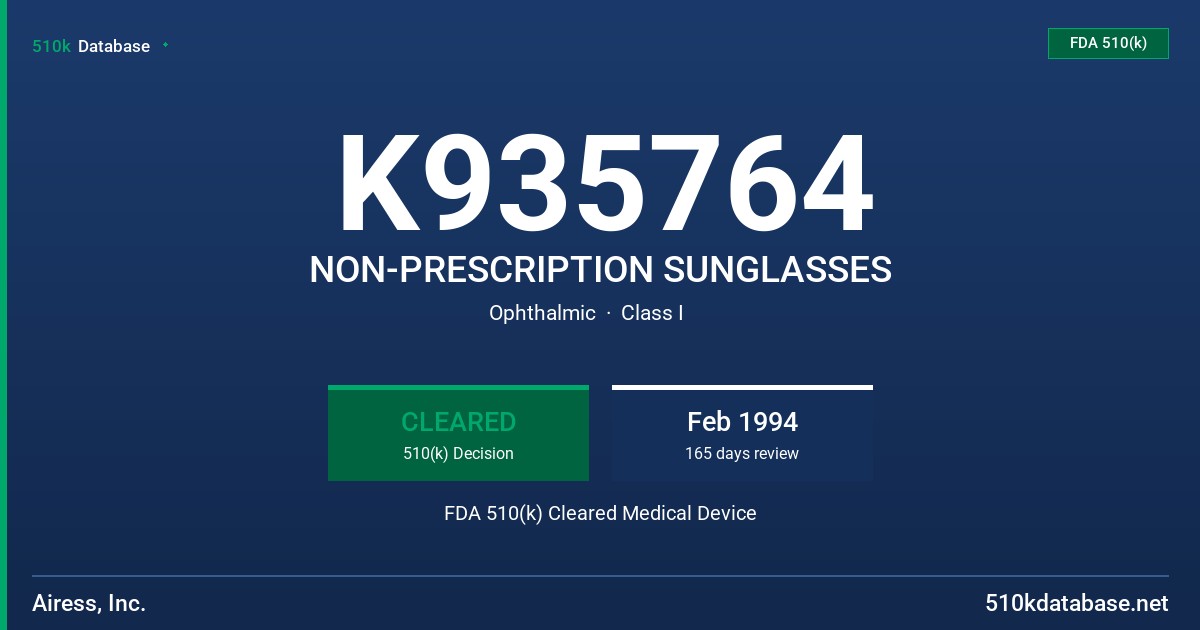K935764 NON-PRESCRIPTION SUNGLASSES FDA 510(k) Cleared Medical Device