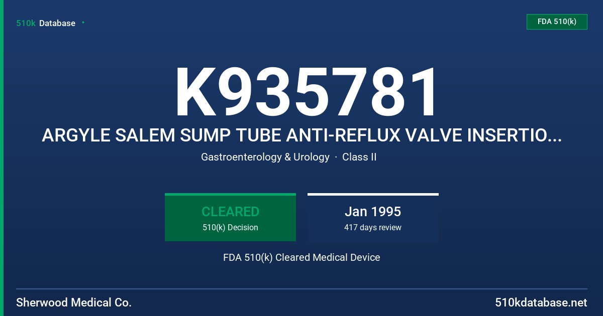 K935781 ARGYLE SALEM SUMP TUBE ANTI-REFLUX VALVE INSERTION TRAY FDA 510(k) Cleared Medical Device