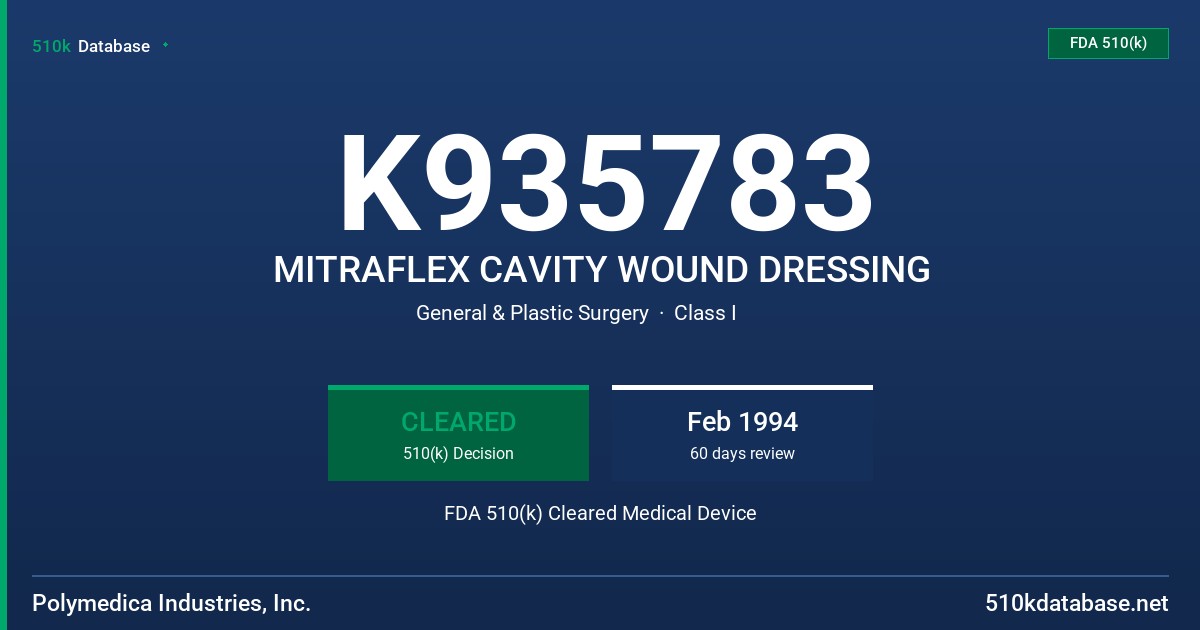 K935783 MITRAFLEX CAVITY WOUND DRESSING FDA 510(k) Cleared Medical Device