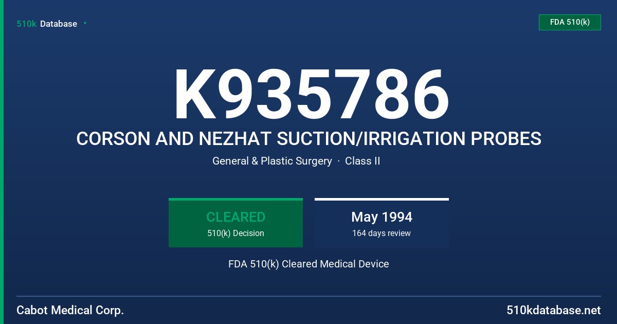 K935786 CORSON AND NEZHAT SUCTION/IRRIGATION PROBES FDA 510(k) Cleared Medical Device