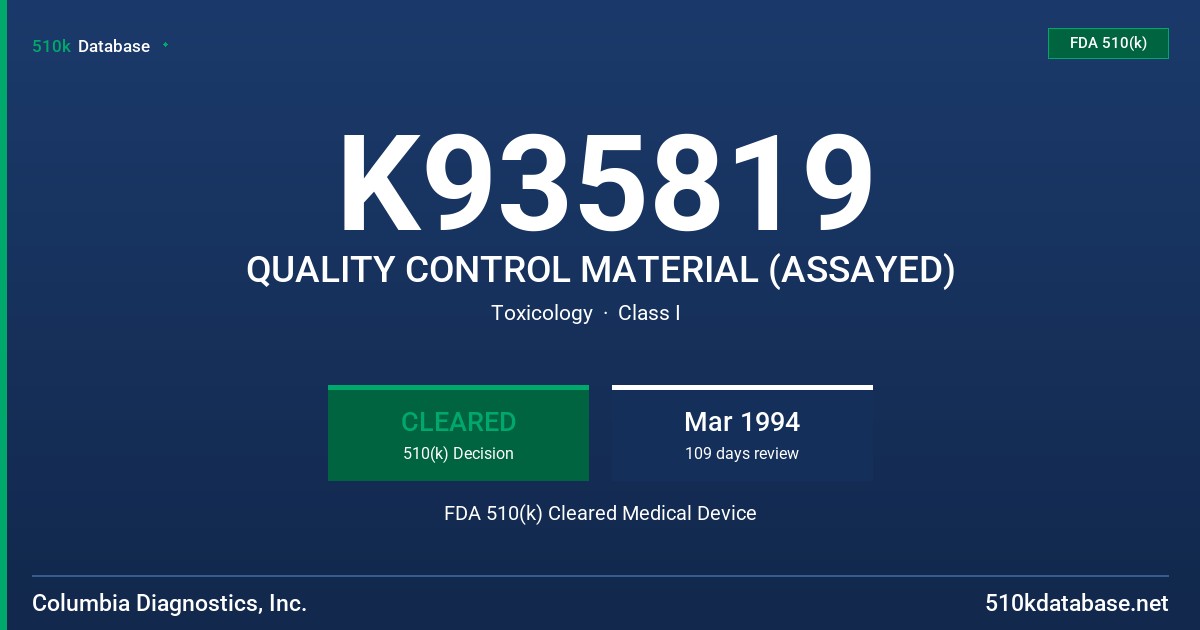 K935819 QUALITY CONTROL MATERIAL (ASSAYED) FDA 510(k) Cleared Medical Device