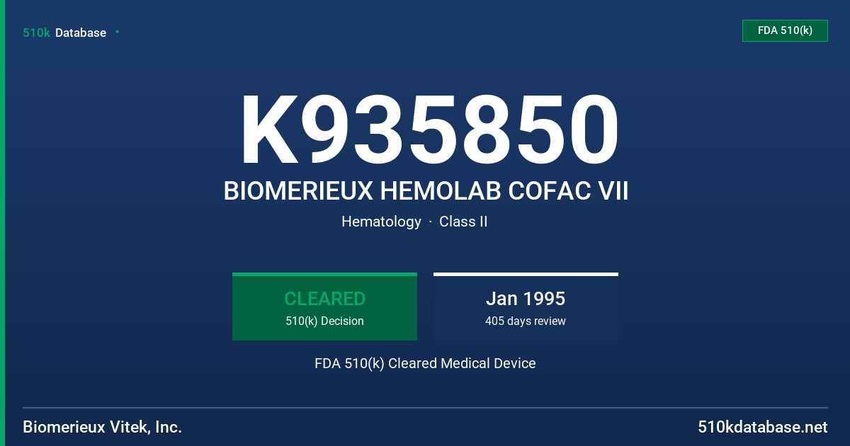 K935850 BIOMERIEUX HEMOLAB COFAC VII FDA 510(k) Cleared Medical Device