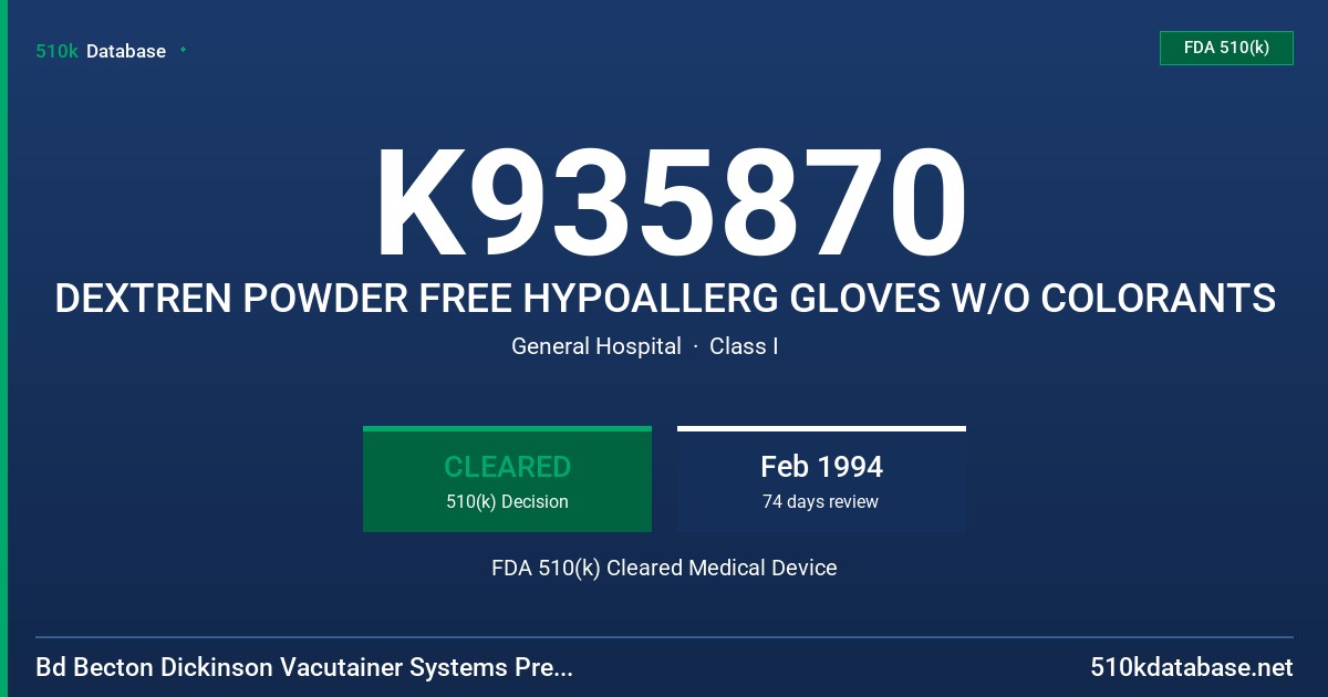 K935870 DEXTREN POWDER FREE HYPOALLERG GLOVES W/O COLORANTS FDA 510(k) Cleared Medical Device