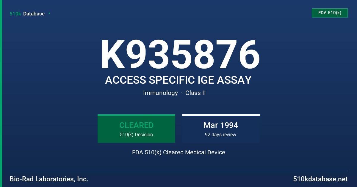 K935876 ACCESS SPECIFIC IGE ASSAY FDA 510(k) Cleared Medical Device