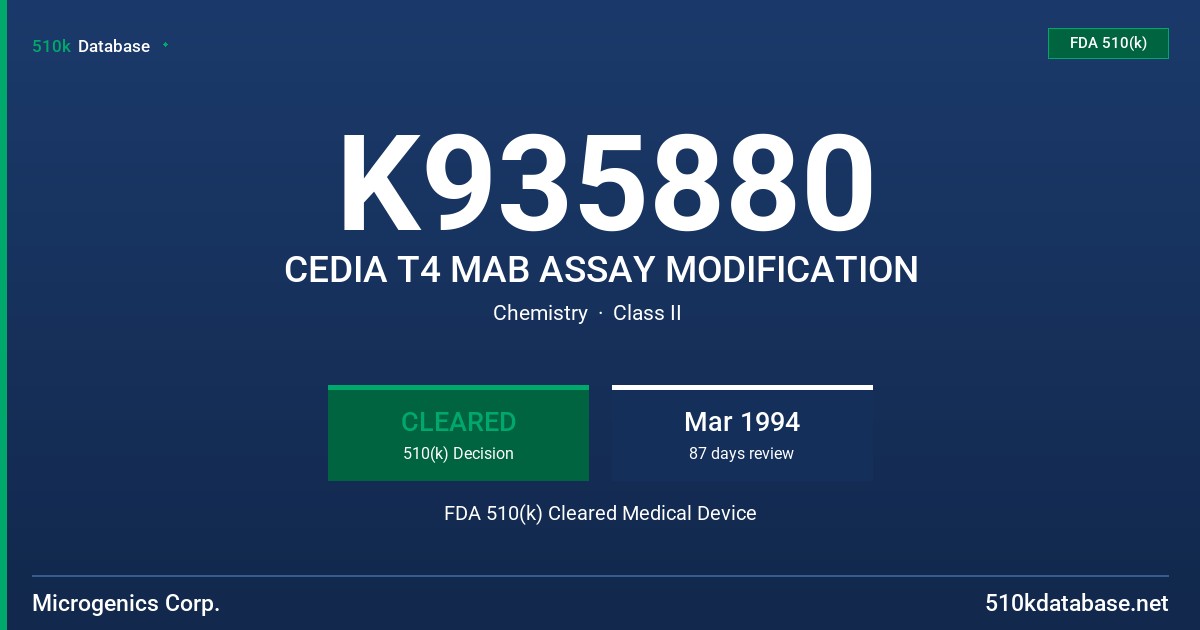K935880 CEDIA T4 MAB ASSAY MODIFICATION FDA 510(k) Cleared Medical Device