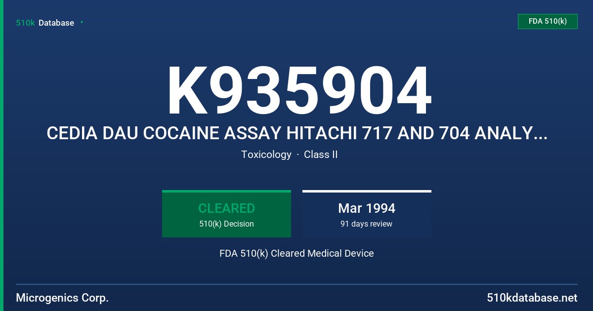 K935904 CEDIA DAU COCAINE ASSAY HITACHI 717 AND 704 ANALYZERS FDA 510(k) Cleared Medical Device