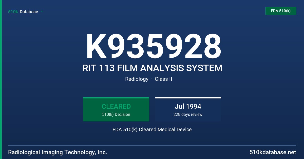 K935928 RIT 113 FILM ANALYSIS SYSTEM FDA 510(k) Cleared Medical Device