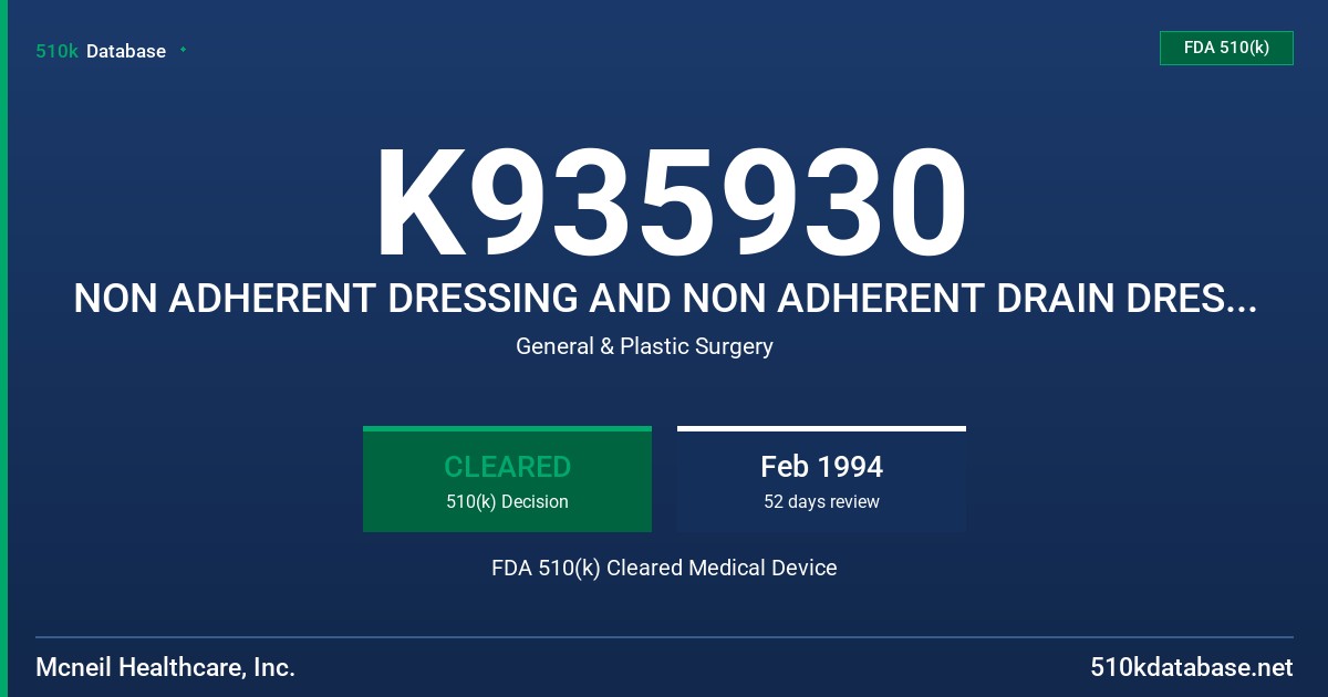 K935930 NON ADHERENT DRESSING AND NON ADHERENT DRAIN DRESSING FDA 510(k) Cleared Medical Device